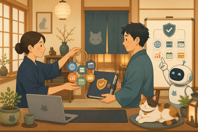 宿の担当者同士がAIの支援を受けながらサイト管理の契約と権限を安全に引き継ぐイラスト