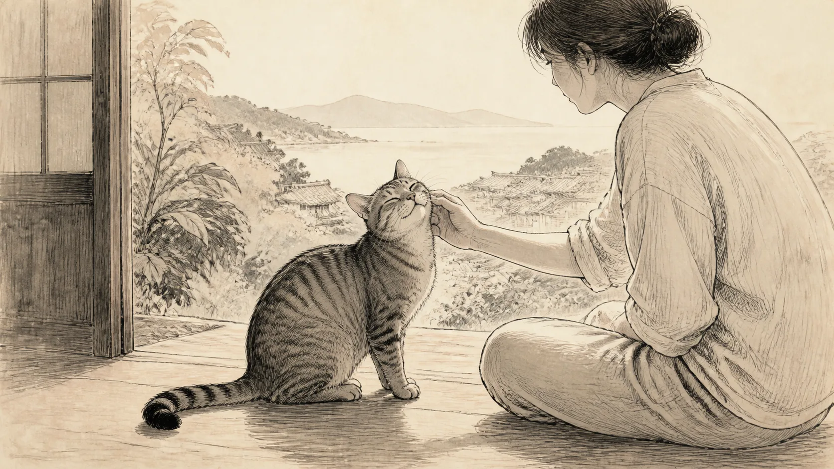 自分から近づいた猫の頬を宿泊者が短く優しく撫でるイラスト