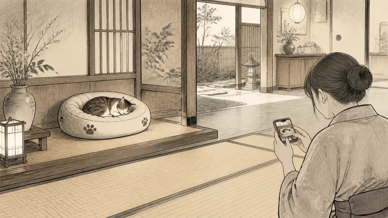 猫宿の中間色の木壁と柔らかな窓明かりのそばで休む白猫を静かに撮影する宿泊者のイラスト