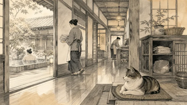 温泉旅館の日常の中で自然に暮らす猫と働く宿の人のイラスト