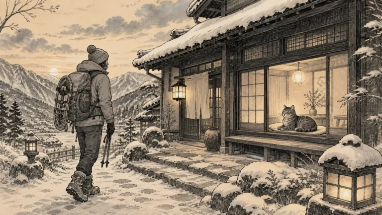 雪の猫宿へ冬靴と防寒具を準備して到着する旅行者のイラスト