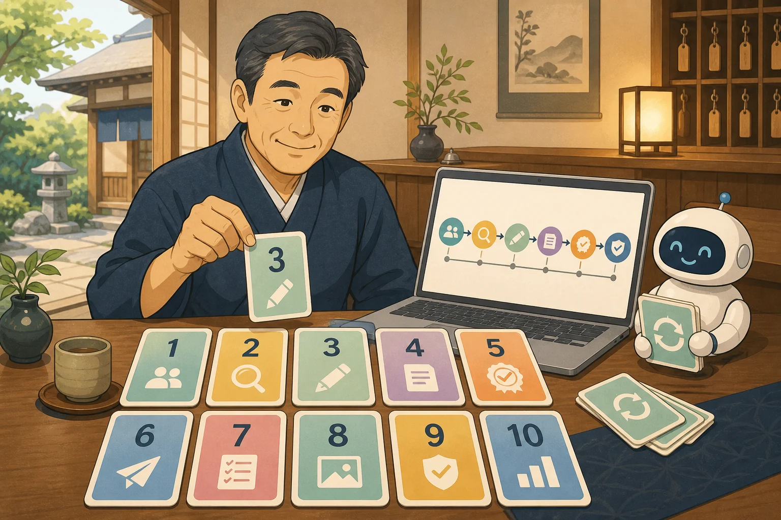 宿主が1から10までの依頼カードを選びAIとWordPress運用を進めるイラスト
