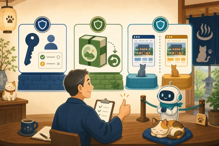 Illustration of the host confirming a dedicated key and permissions, restorable backups, and separation of production and test environments before allowing AI to operate the site
