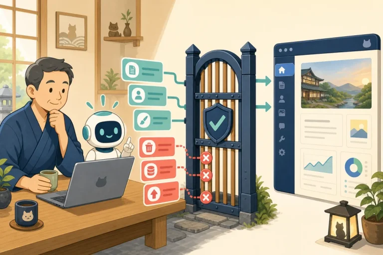 Illustration where the gate screens operations from the host and AI towards WordPress, allowing only safe operations to pass through.