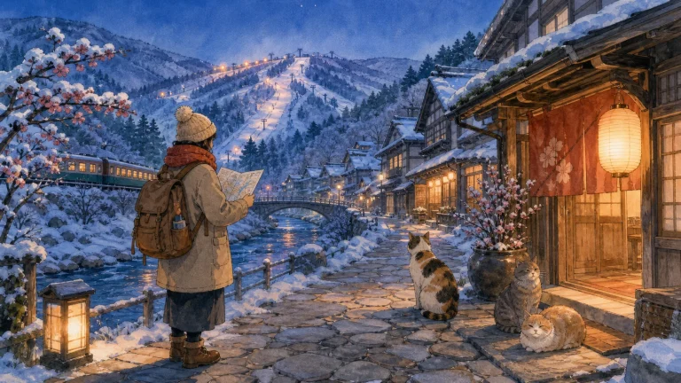 雪の温泉街と山を背景に山形県の猫宿を探す旅行者のイラスト
